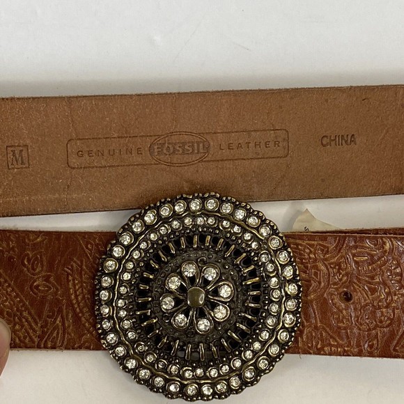 Fossil Womens Brown Gold Leather Tooled Belt Brass Floral Medallion Buckle sz M - Picture 8 of 12